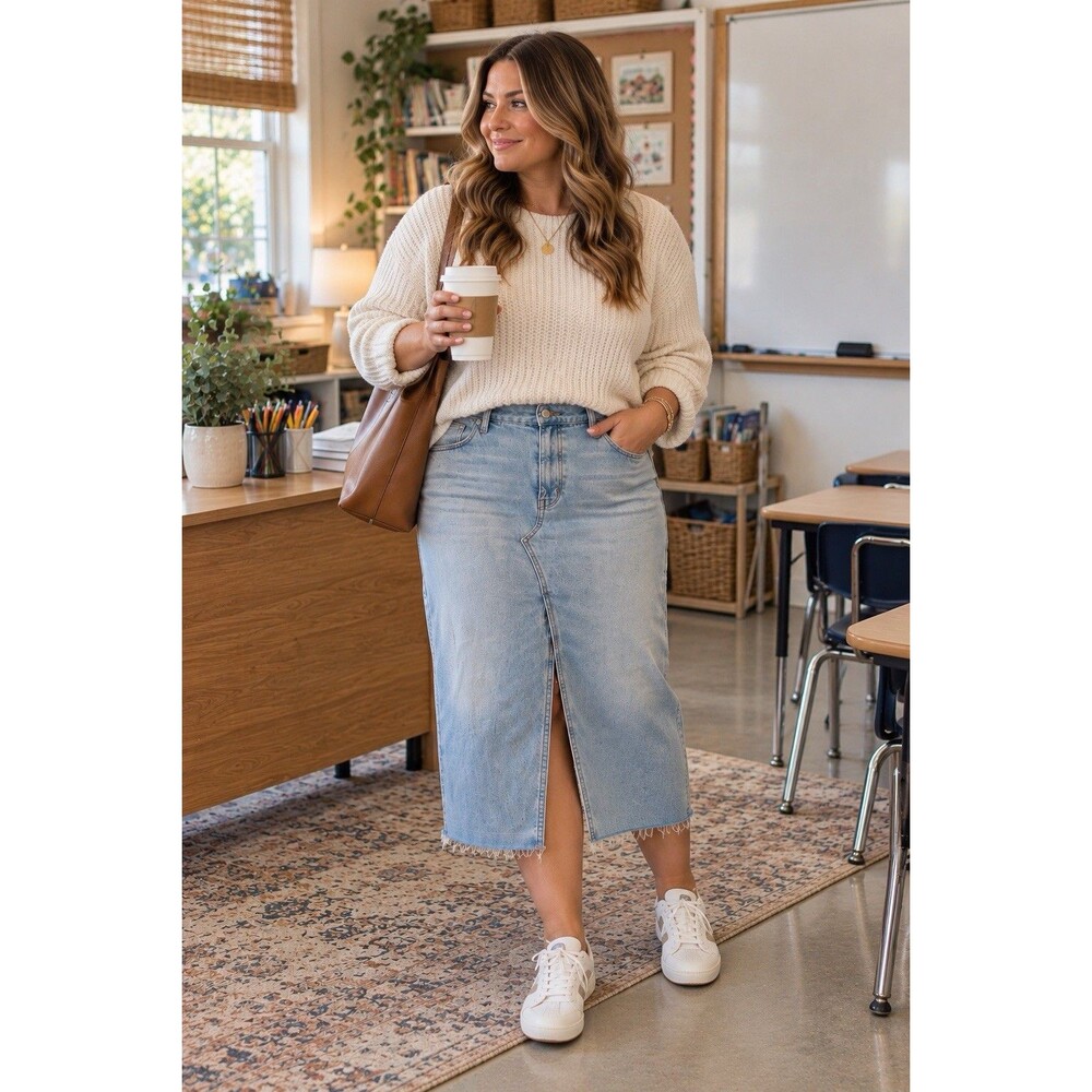 Madewell The Rilee Denim Midi Skirt Light Wash Sz 32 Front Slit Vintage Inspired